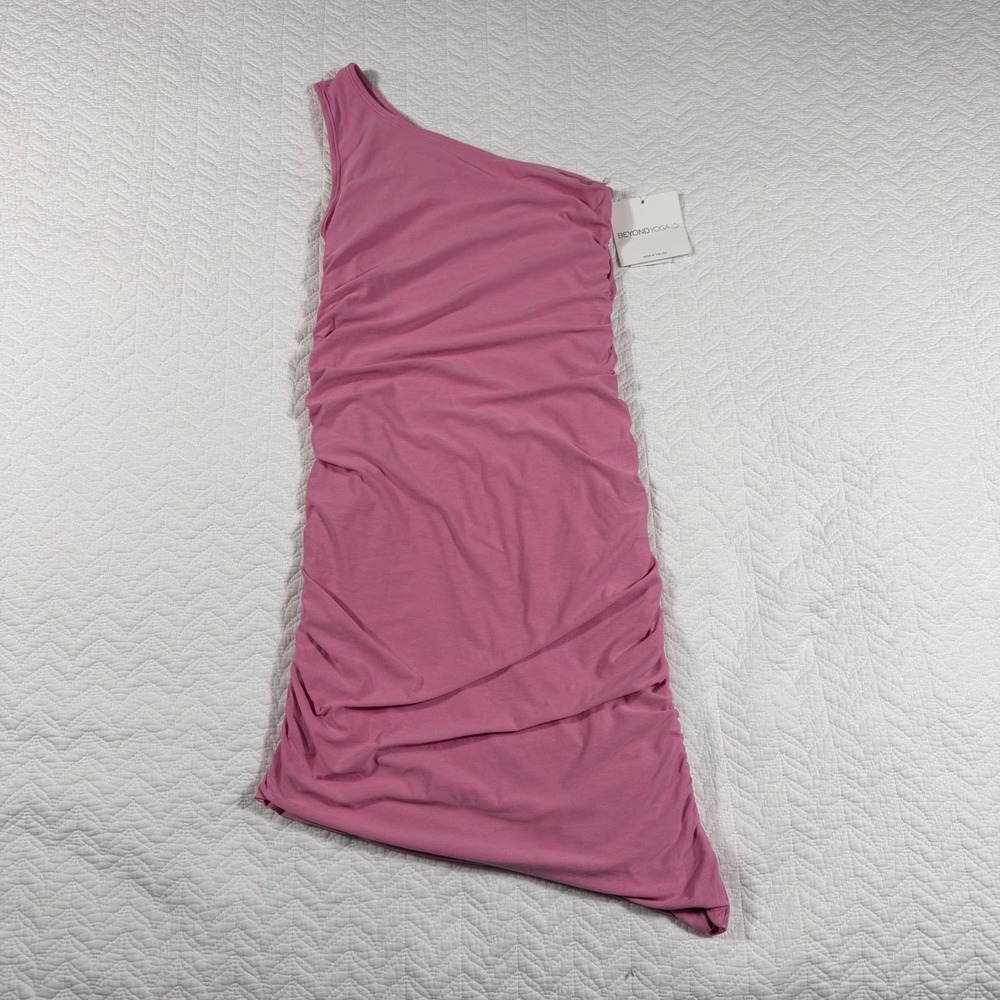 Beyond Yoga One Shoulder Ruched Asymmetrical Midi Dress Pink Womens XS NWT